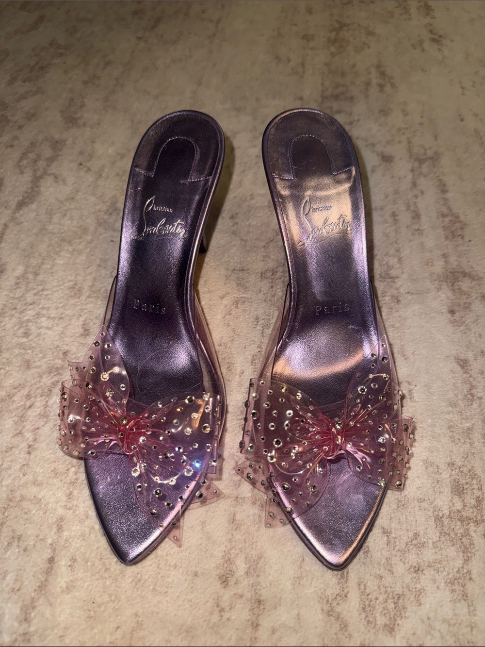 Christian Louboutin Iridescent Pink Pointed-Toe Slide Mules with Bow Accents